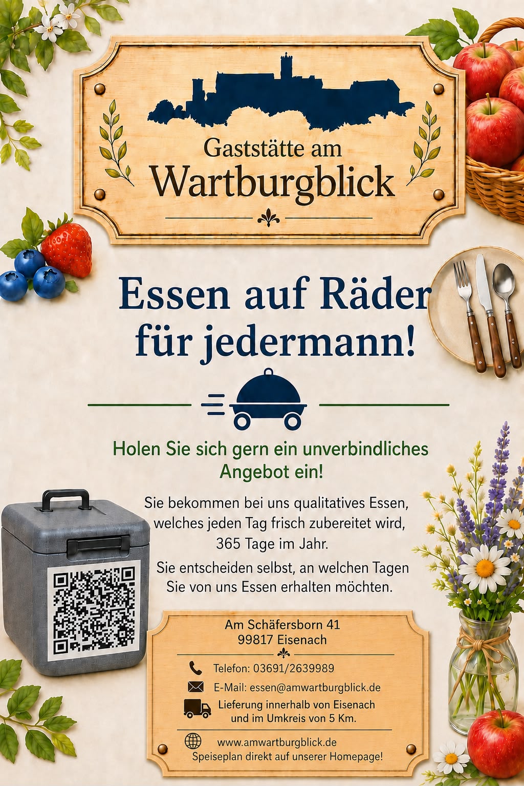 Informationsplakat zum Angebot Essen auf Rädern der Gaststätte am Wartburgblick